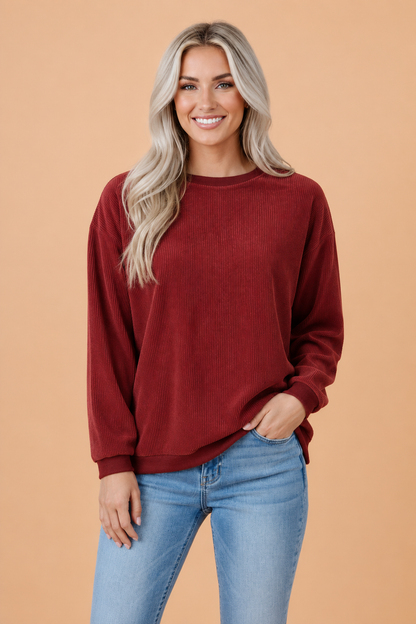 Solid Ribbed Corduroy Long Sleeve Oversized Sweatshirt