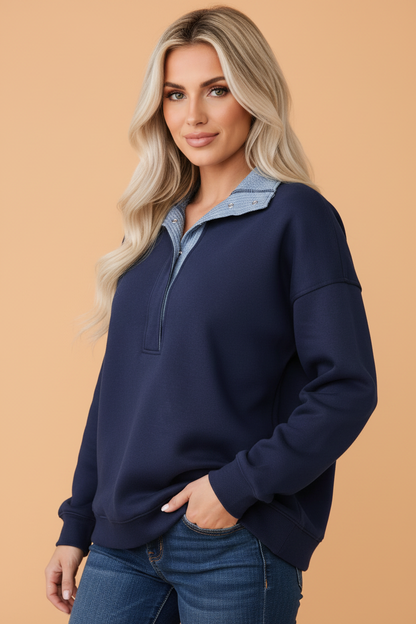 PRETTY BASH Waffle Knit Contrast Collar Half Buttoned Sweatshirt