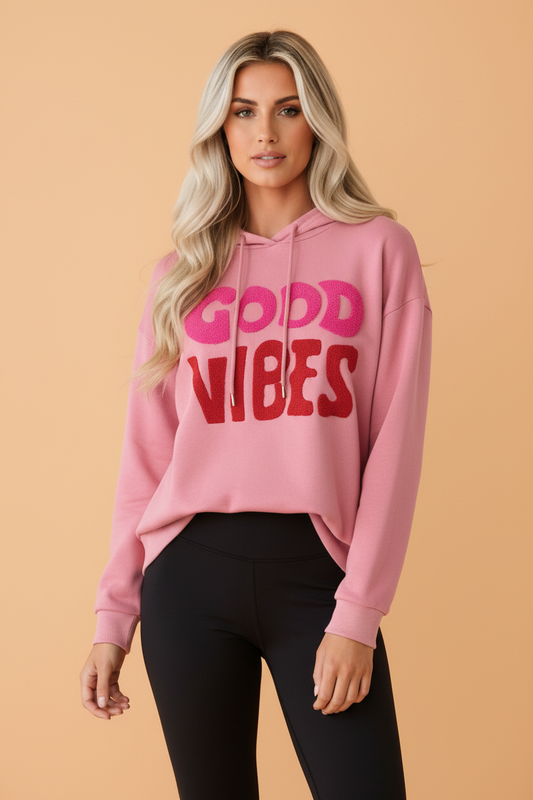 PRETTY BASH GOOD VIBES Textured Letter Print Drawstring Hoodie