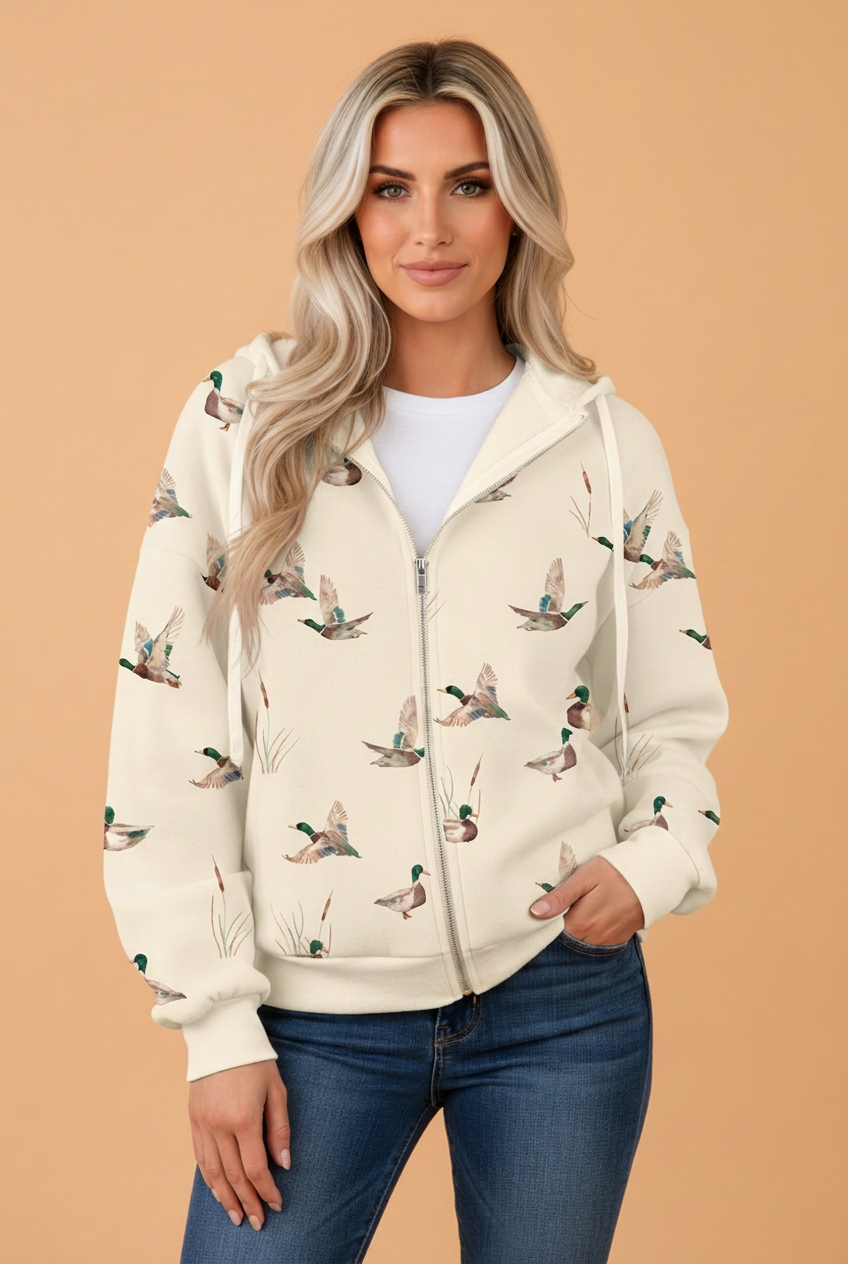 PRETTY BASH Mallard Drop Shoulder Zip-Up Drawstring Hoodie
