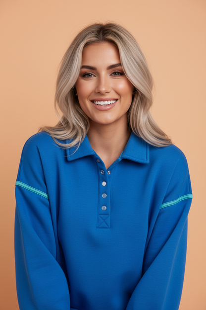 Collared Snap Button Exposed Seam Sweatshirt