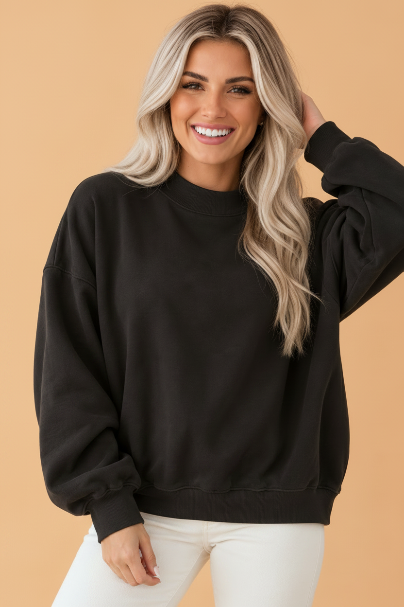 Solid Mock Neck Oversized Long Sleeve Sweatshirt