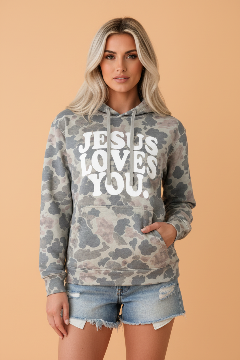 PRETTY BASH Jesus Loves You Letter Print Retro Camo Hoodie