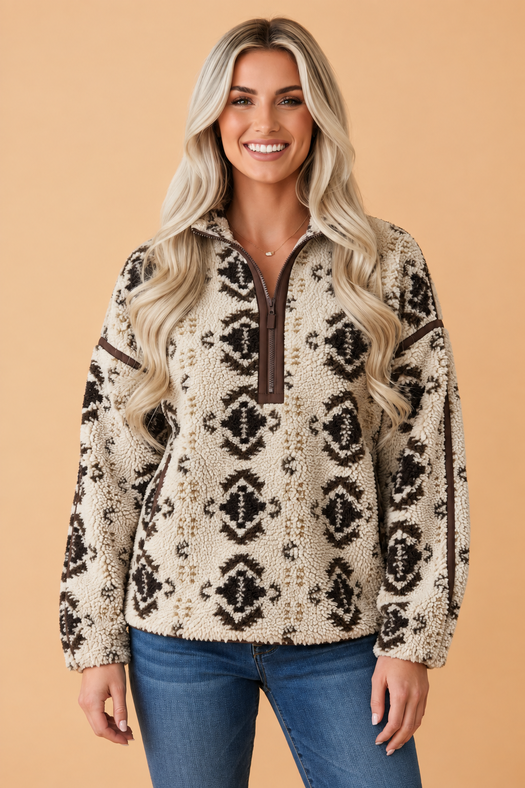 PRETTY BASH Western Geometric Fleece Half Zip Sweatshirt