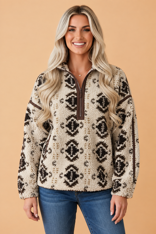 PRETTY BASH Western Geometric Fleece Half Zip Sweatshirt
