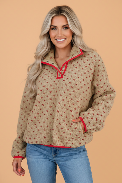 PRETTY BASH Heart Fleece Colorblock Half Button Collared Sweatshirt