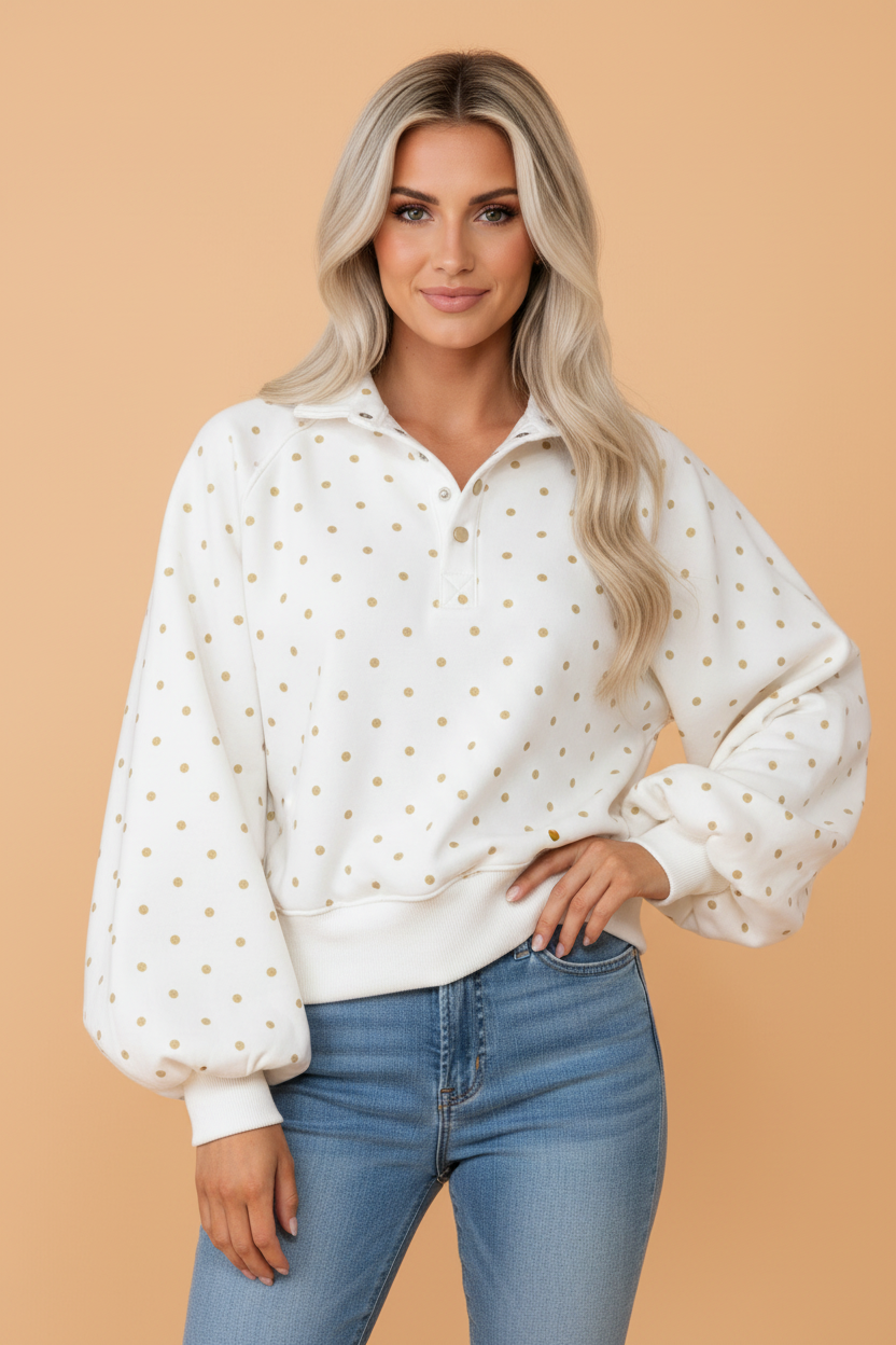 PRETTY BASH Polka Dot Half Button Collar Pullover Sweatshirt