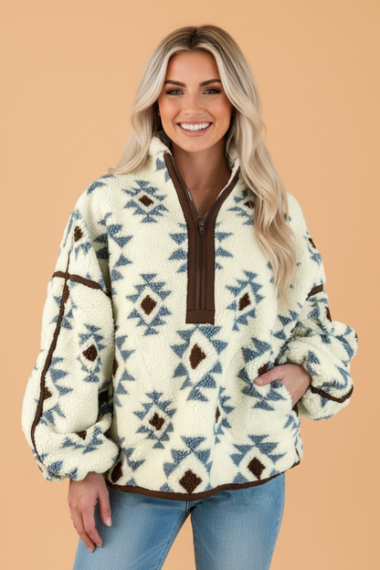 PRETTY BASH Western Geometric Long Sleeve Sherpa Sweatshirt