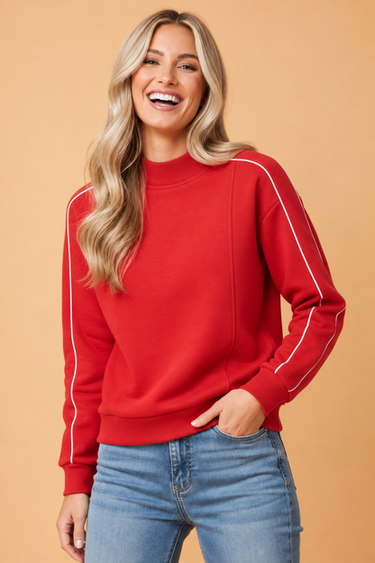 Contrast Piping Mock Neck Thumbhole Sleeve Sweatshirt