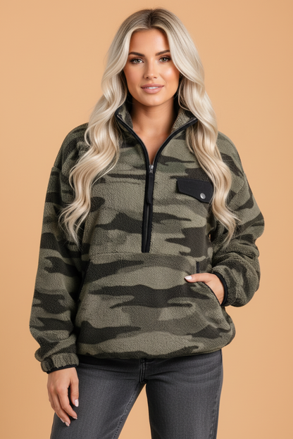 PRETTY BASH Camo Fleece Kangaroo Pocket Half Zip Sweatshirt