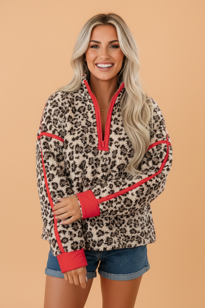 PRETTY BASH Leopard Fleece Contrast Trim Half Zip Sweatshirt