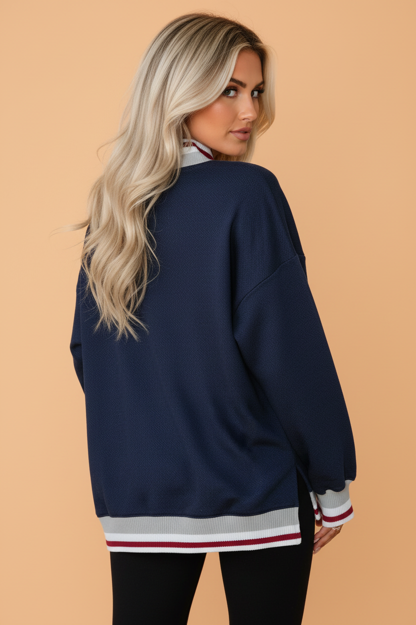 PRETTY BASH Stripe Contrast Trim Split Hem Mock Neck Sweatshirt