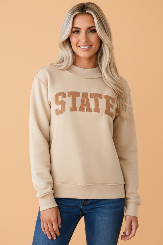 PRETTY BASH STATE Letter Print Exposed Seam Mock Neck Sweatshirt