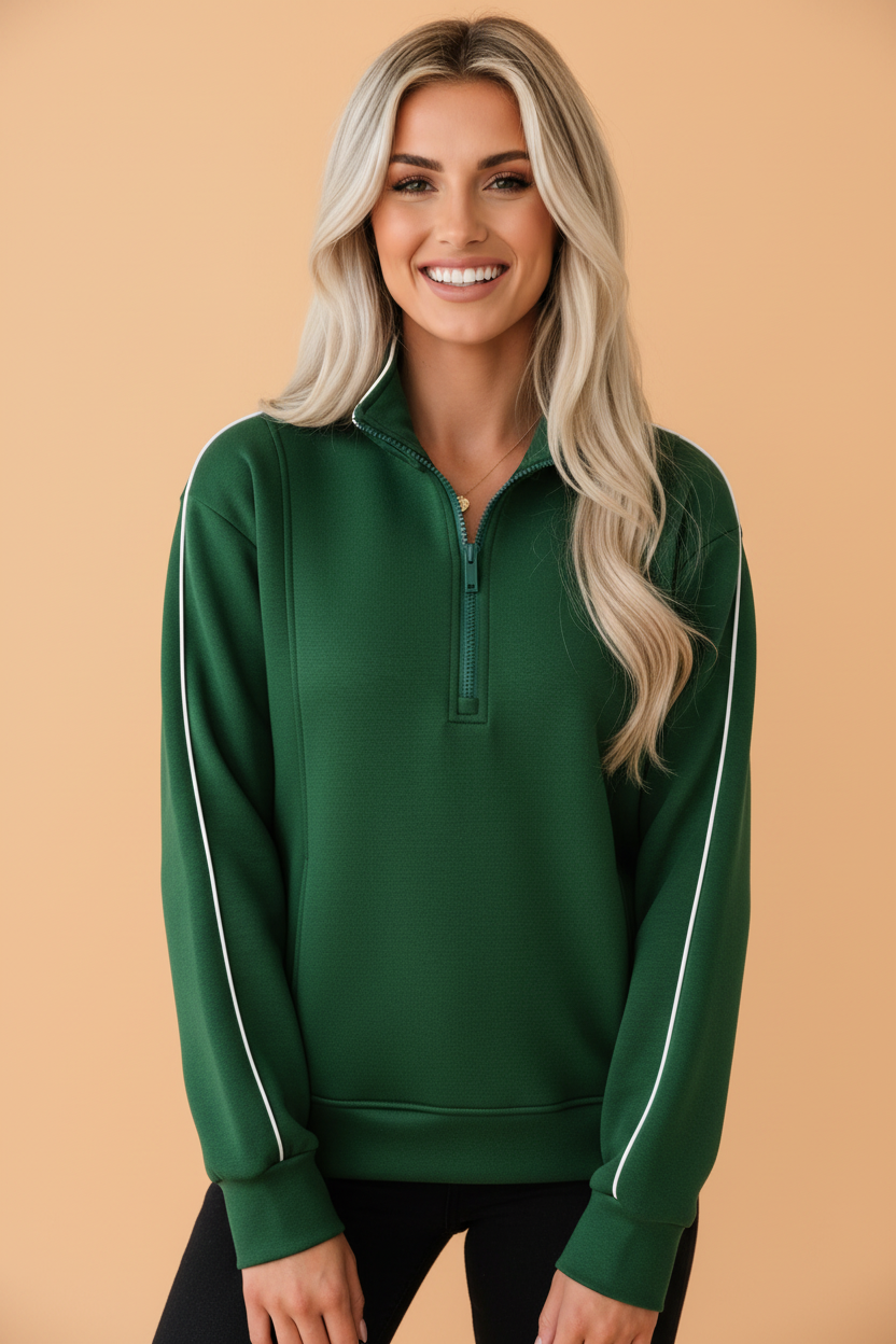PRETTY BASH Solid High Neck Zip-Up Long Sleeve Loose Sweatshirt