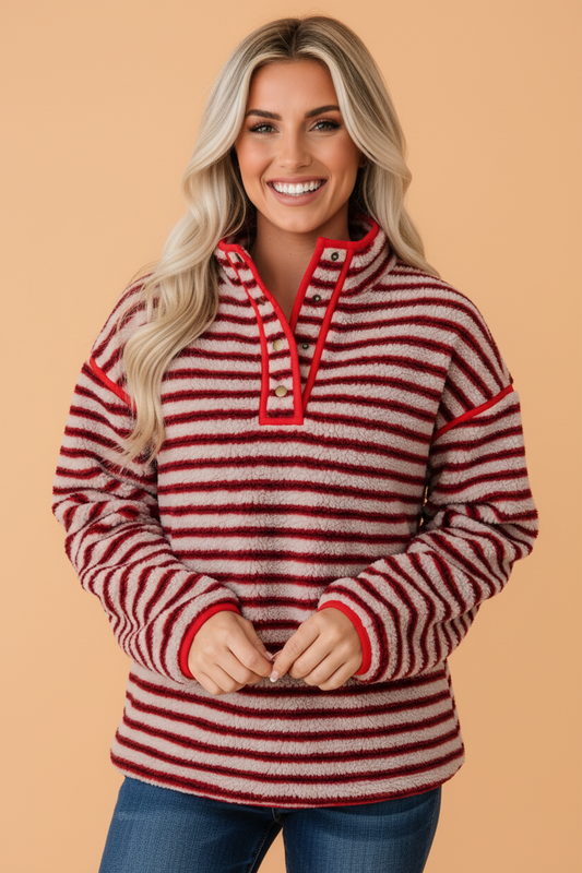 PRETTY BASH Stripe Colorblock Contrast Trim Half Button Sweatshirt