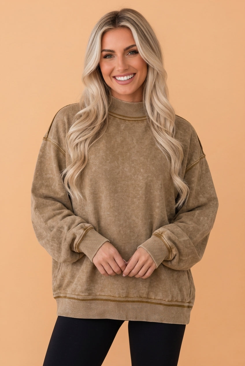 PRETTY BASH Mineral Wash Mock Neck Drop Shoulder Sweatshirt