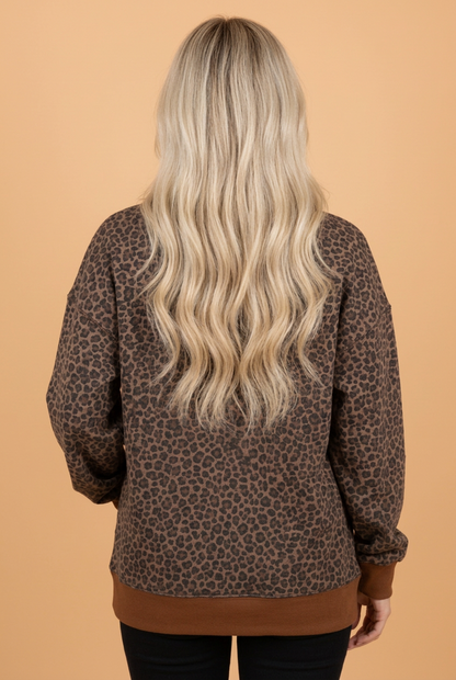 PRETTY BASH Leopard Mock Neck Ribbed Trim Sweatshirt