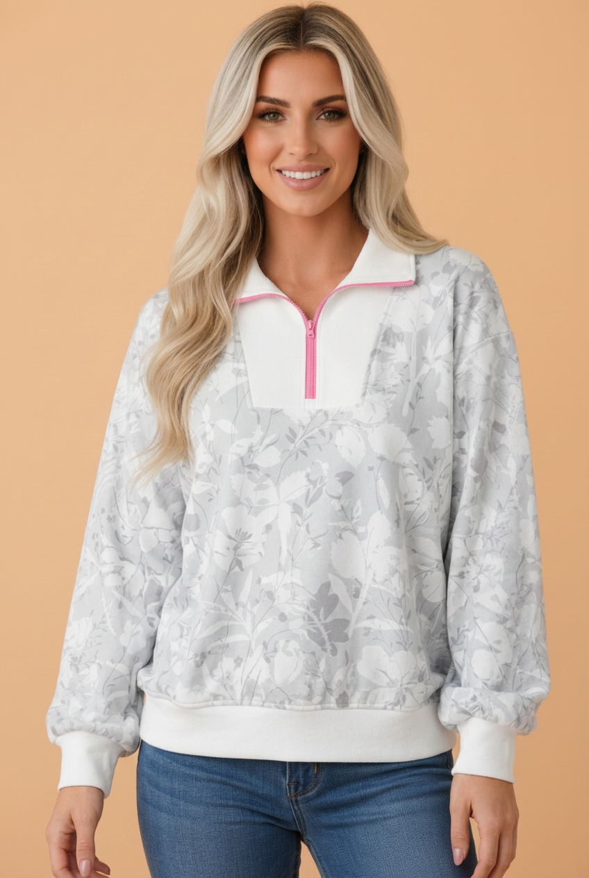 PRETTY BASH Floral Quarter Zip Collar Drop Shoulder Sweatshirt