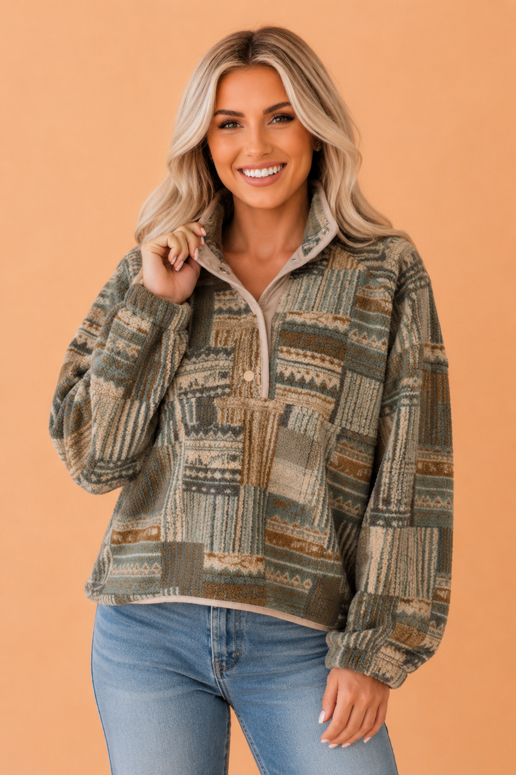 Western Fleece Half Buttoned Collar Pocketed Sweatshirt