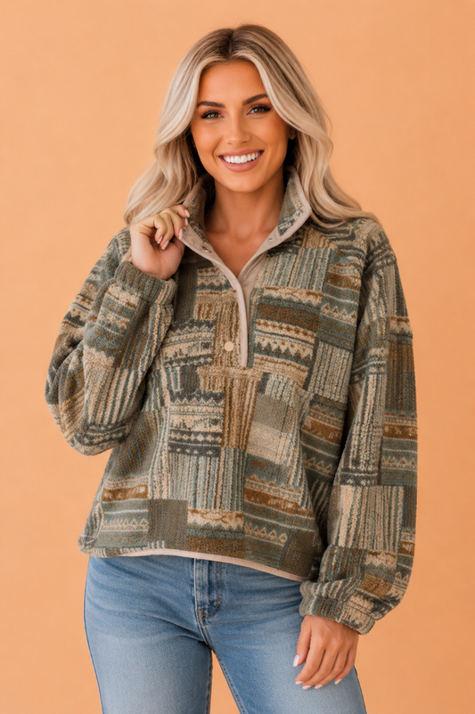 Western Fleece Half Buttoned Collar Pocketed Sweatshirt