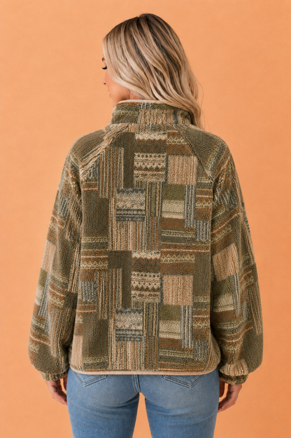 Western Fleece Half Buttoned Collar Pocketed Sweatshirt