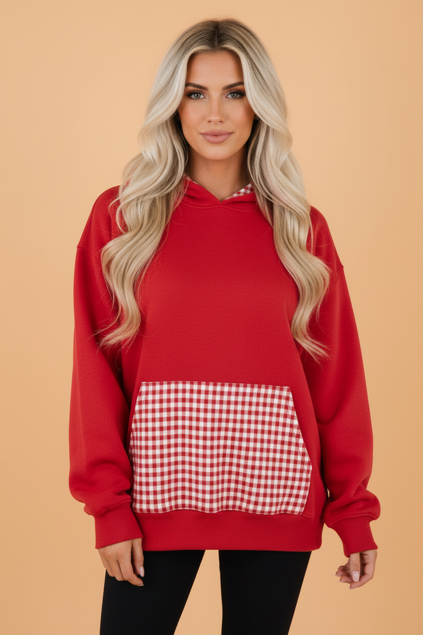 PRETTY BASH Gingham Patchwork Kangaroo Pocket Hoodie