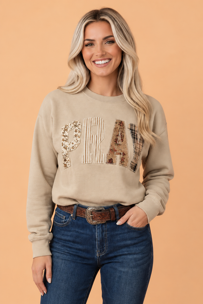 PRAY Embroidered Patchwork Drop Shoulder Sweatshirt