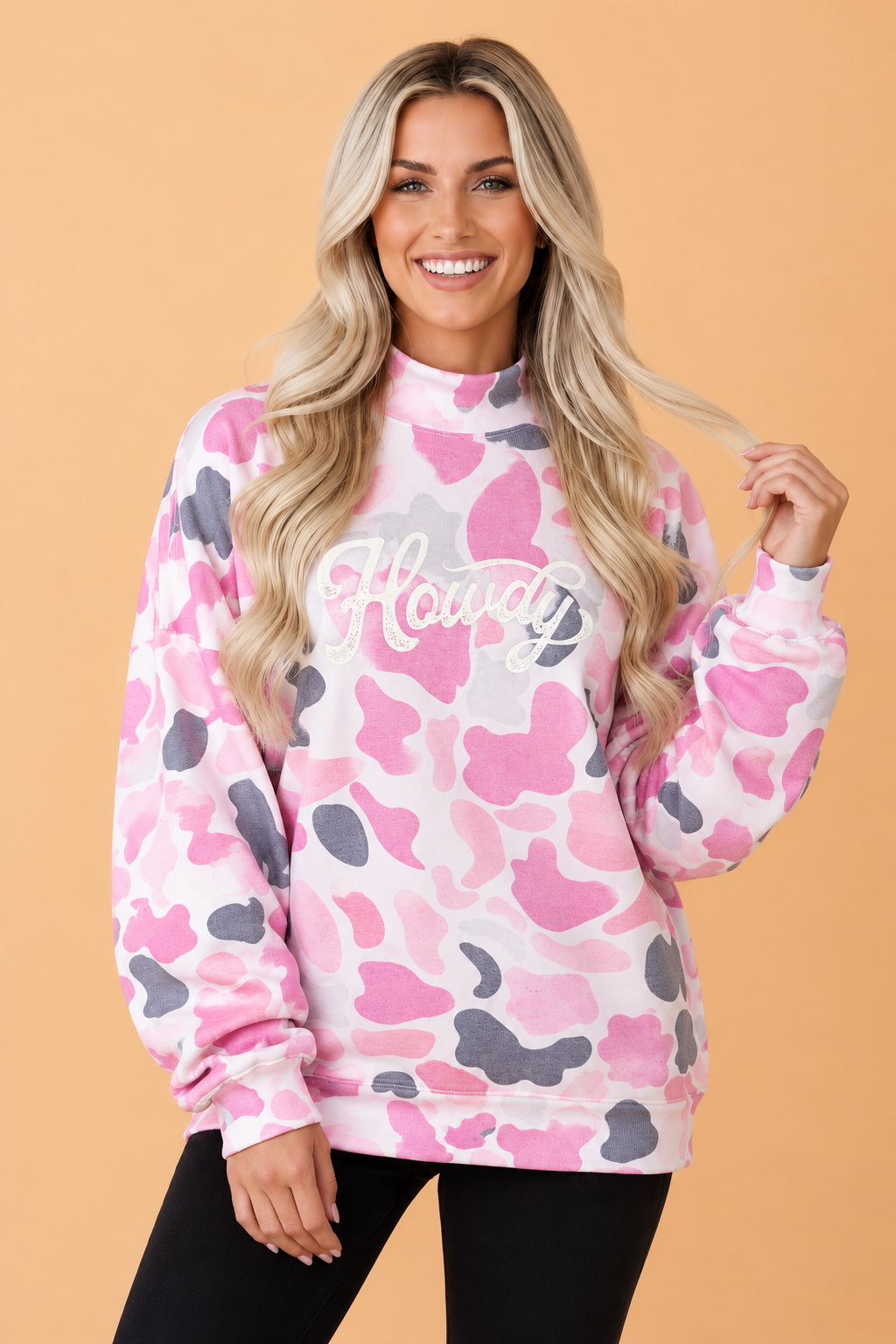 PRETTY BASH Western Camo Howdy Graphic Mock Neck Sweatshirt