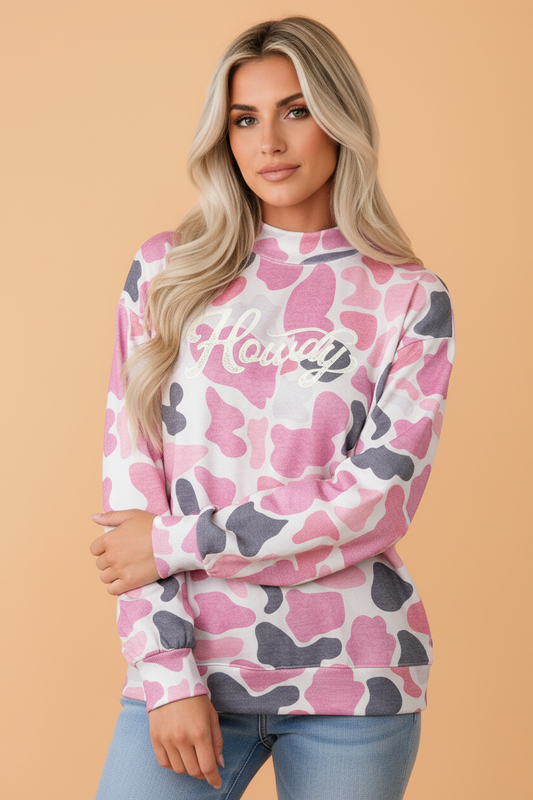 PRETTY BASH Western Camo Howdy Graphic Mock Neck Sweatshirt