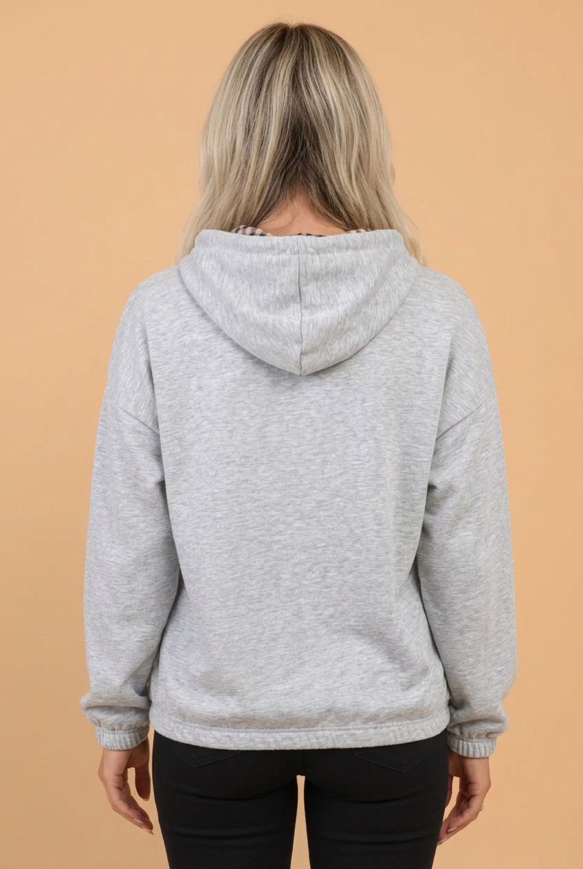PRETTY BASH PRAY Letter Print Gingham Patchwork Drawstring Hoodie