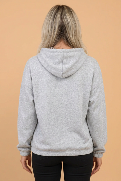 PRETTY BASH PRAY Letter Print Gingham Patchwork Drawstring Hoodie