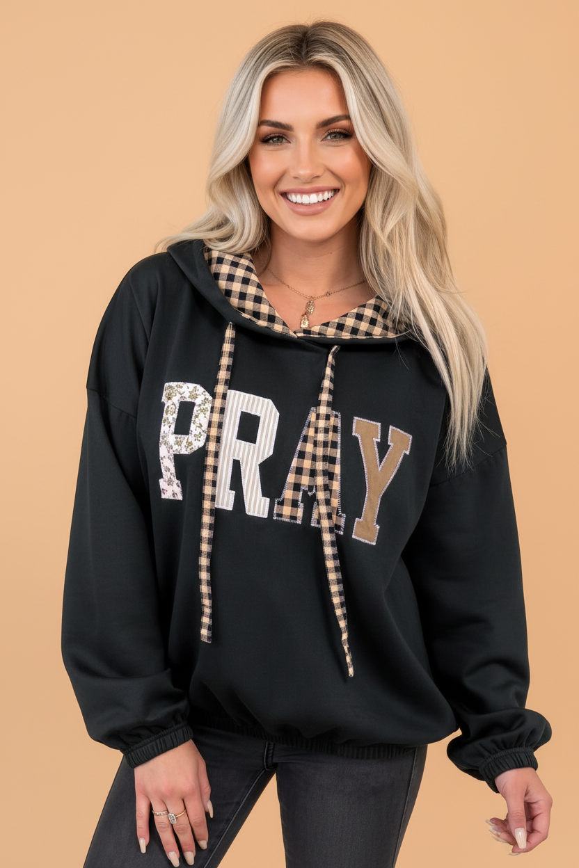PRETTY BASH PRAY Gingham Letter Print Contrast Drawstring Hoodie