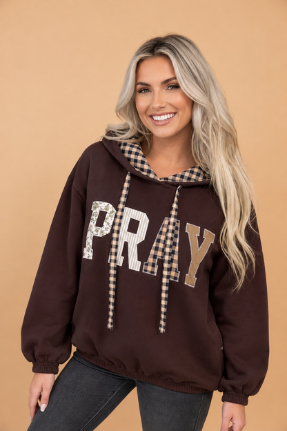 PRETTY BASH PRAY Letter Print Patchwork Drawstring Hoodie