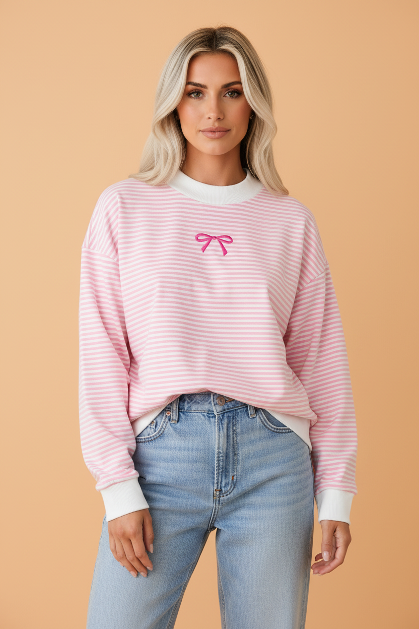 PRETTY BASH Stripe Bow Embroidered Contrast Mock Neck Sweatshirt