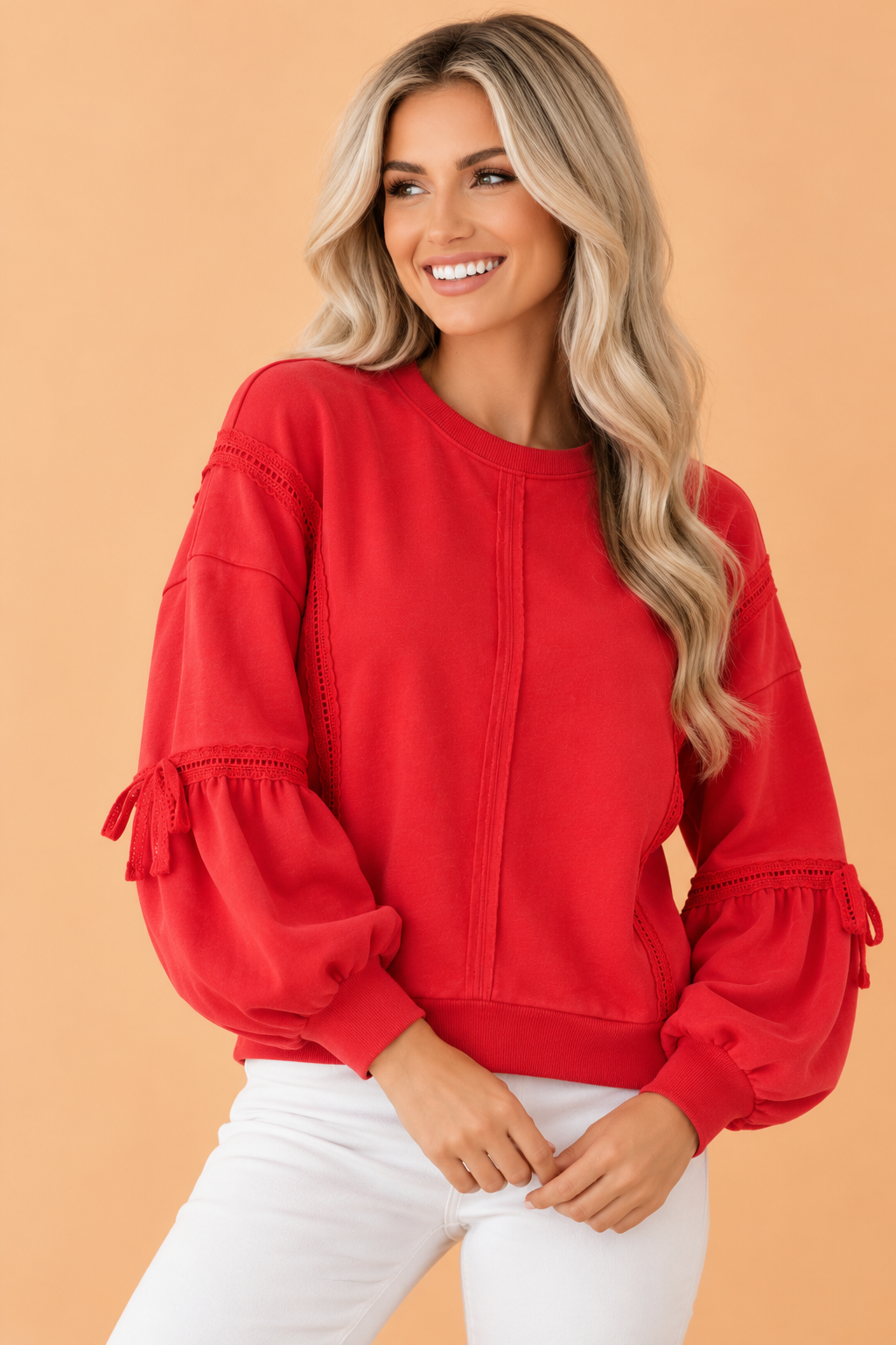 PRETTY BASH Lace Trim Bow Tie Sleeve Raw Seam Sweatshirt