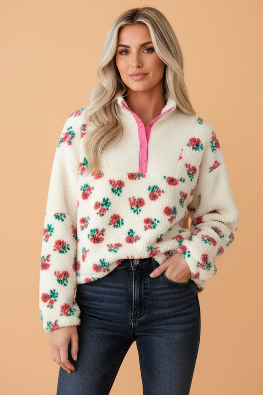 PRETTY BASH Floral Fleece Contrast Trim Half Button Sweatshirt