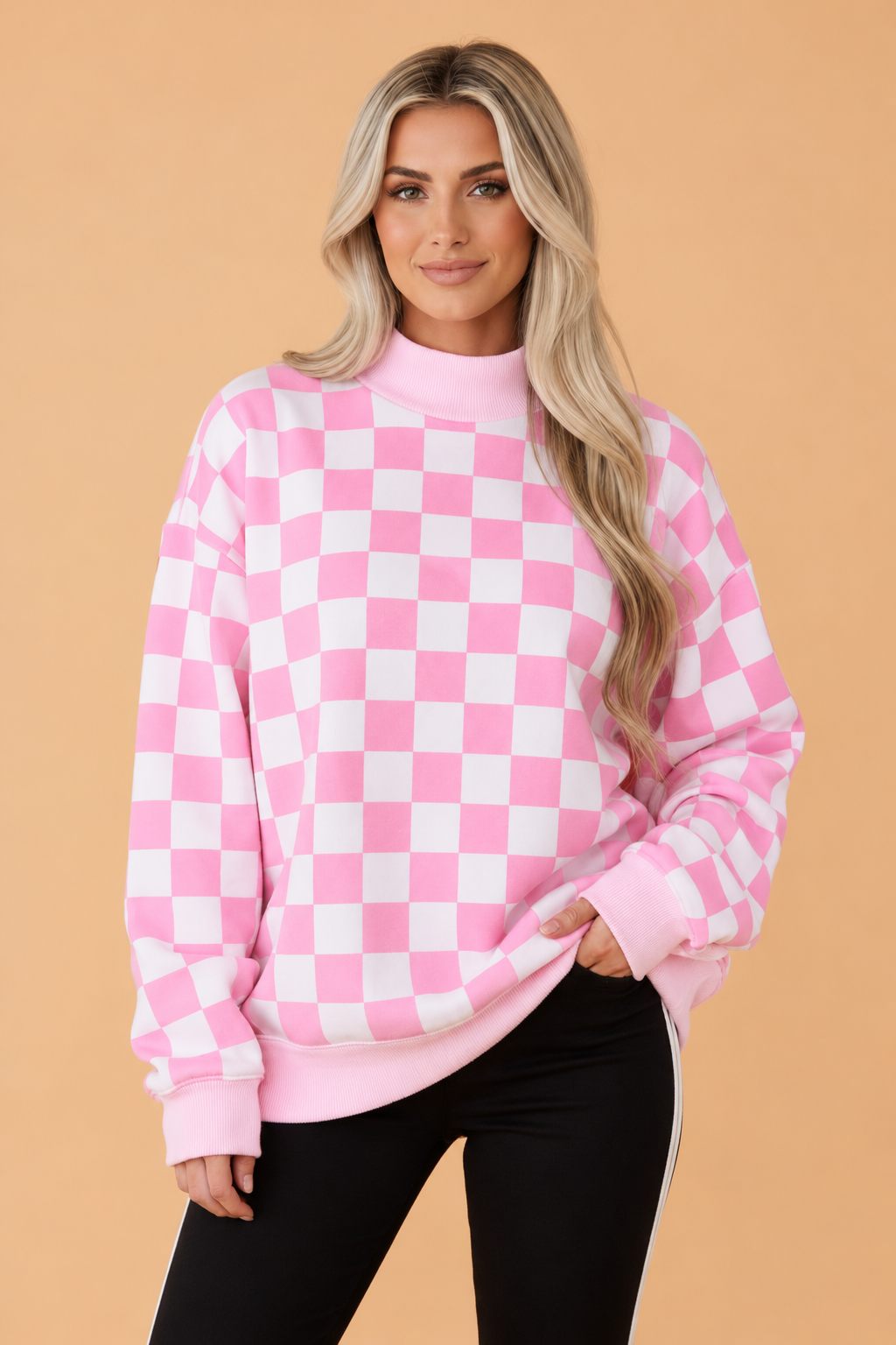 PRETTY BASH GAMEDAY Checker Reversible Mock Neck Sweatshirt
