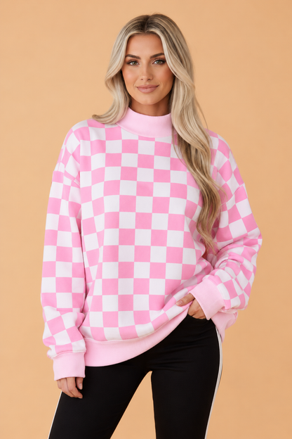 PRETTY BASH GAMEDAY Checker Reversible Mock Neck Sweatshirt