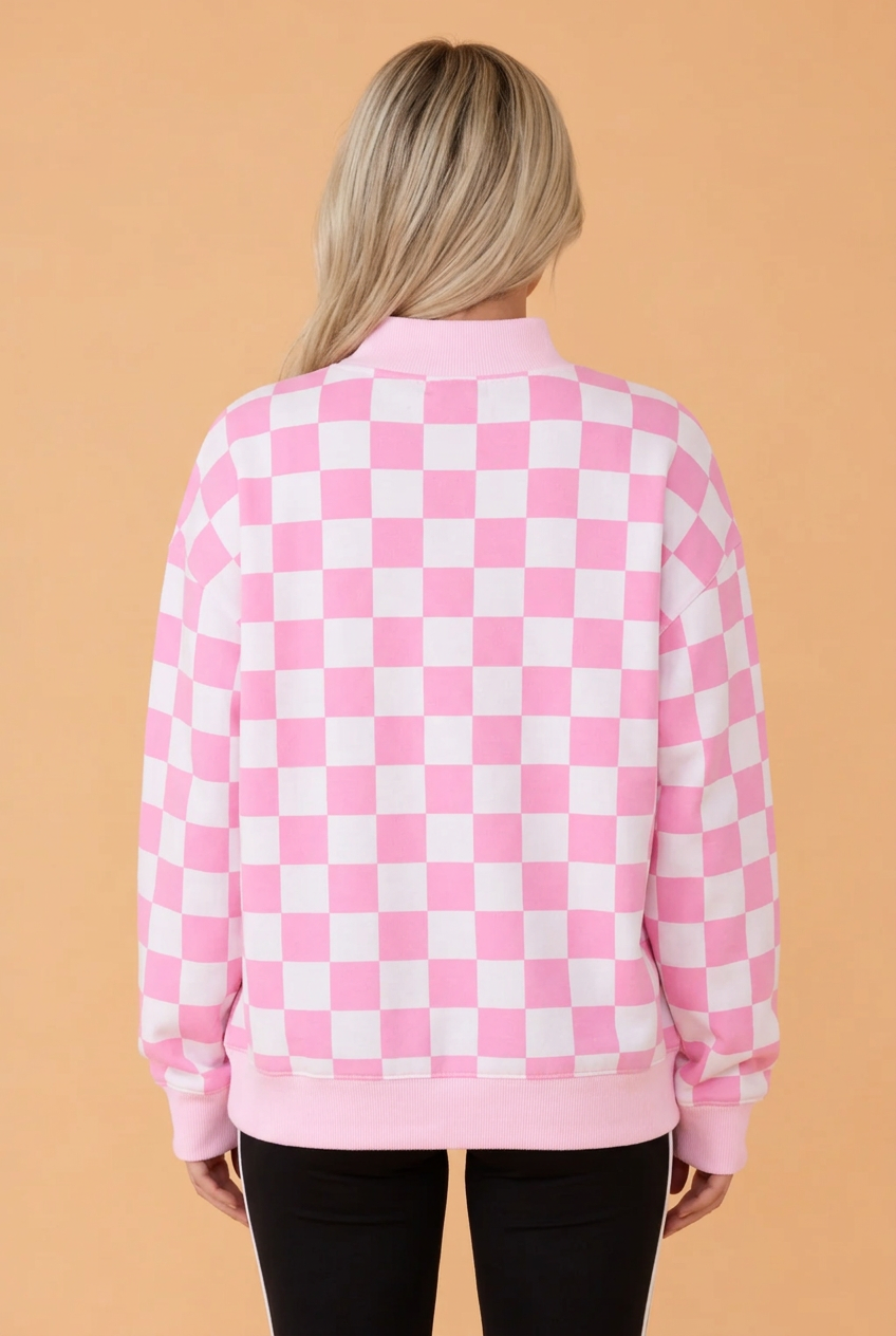 PRETTY BASH GAMEDAY Checker Reversible Mock Neck Sweatshirt