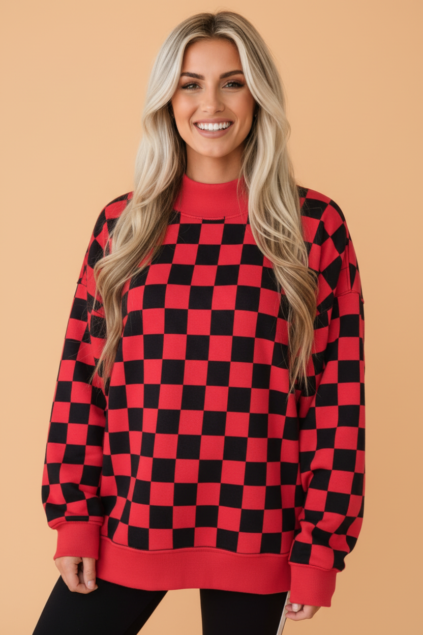 PRETTY BASH GAME DAY Checker Reversible Mock Neck Sweatshirt