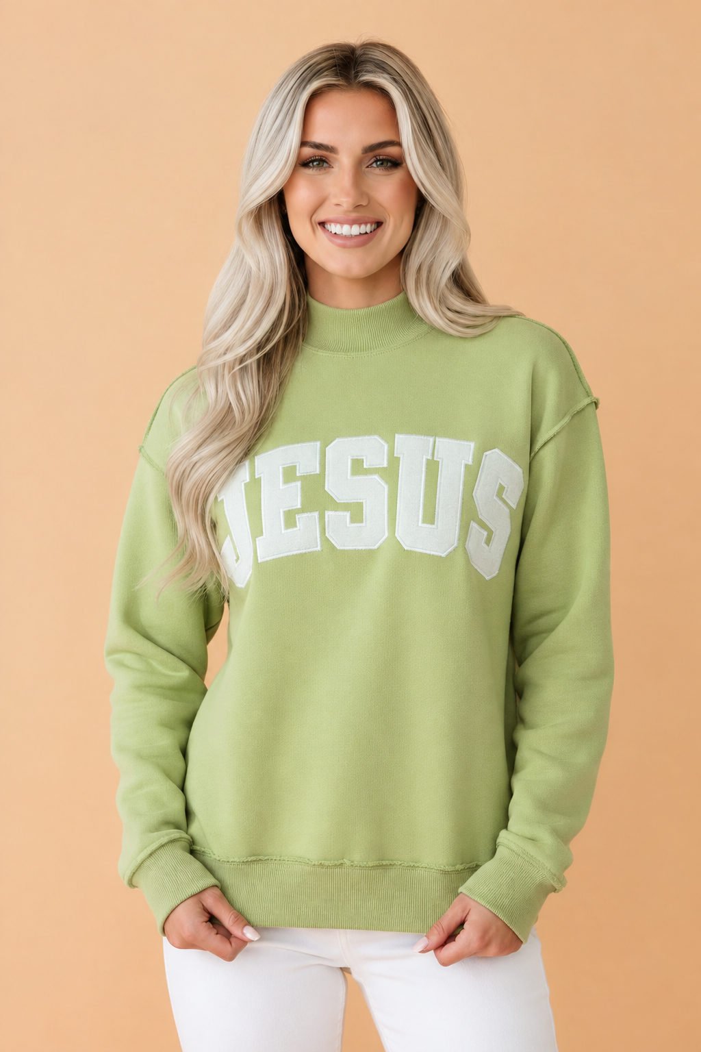 PRETTY BASH JESUS Letter Print Exposed Seam Mock Neck Sweatshirt
