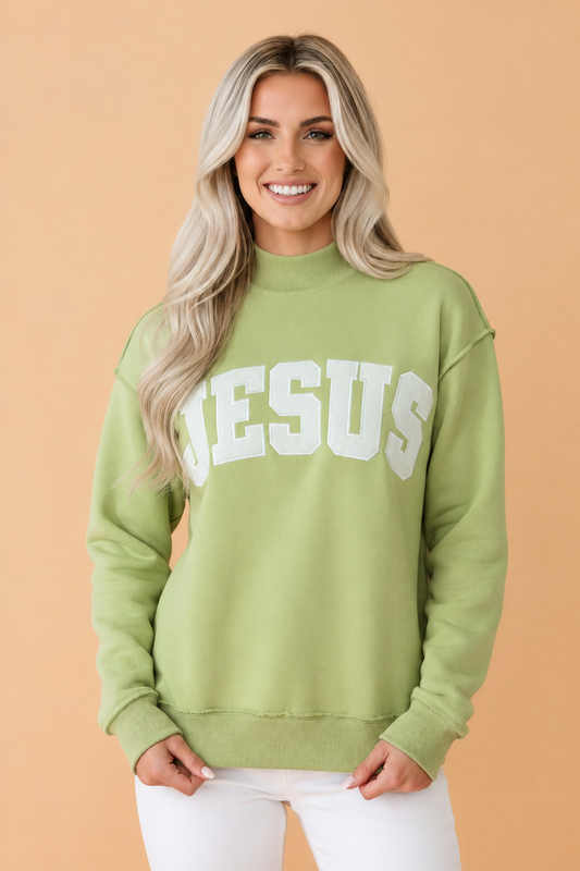 PRETTY BASH JESUS Letter Print Exposed Seam Mock Neck Sweatshirt