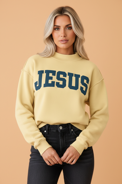PRETTY BASH JESUS Letter Print Exposed Seam Mock Neck Sweatshirt