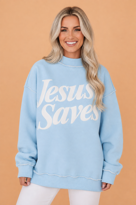 Jesus Saves Graphic Print Mock Neck Sweatshirt