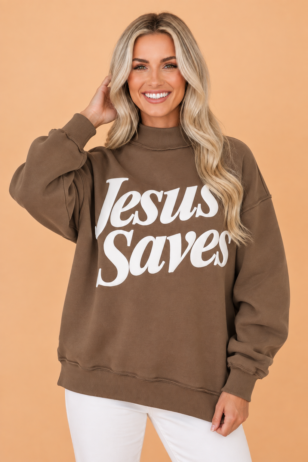 Jesus Saves Graphic Print Mock Neck Sweatshirt