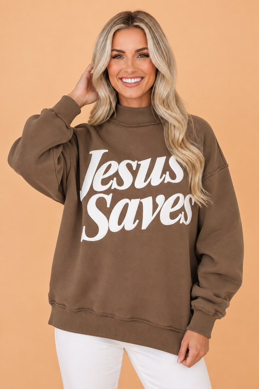Jesus Saves Graphic Print Mock Neck Sweatshirt