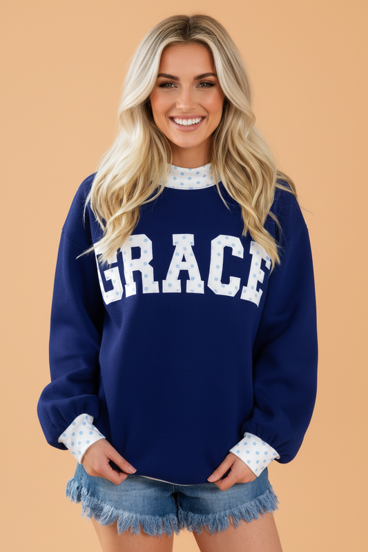 PRETTY BASH GRACE Polka Dot Letter Print Mock Neck Sweatshirt