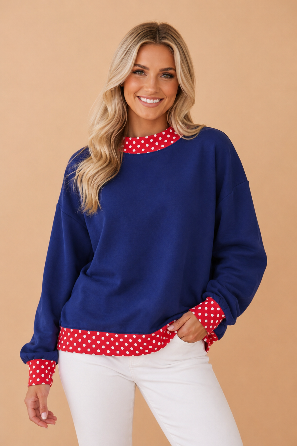 Polka Dot Contrast Trim Mock Neck Sweatshirt