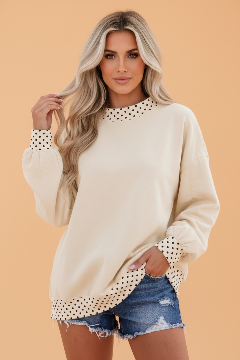 PRETTY BASH Polka Dot Contrast Trim Mock Neck Sweatshirt