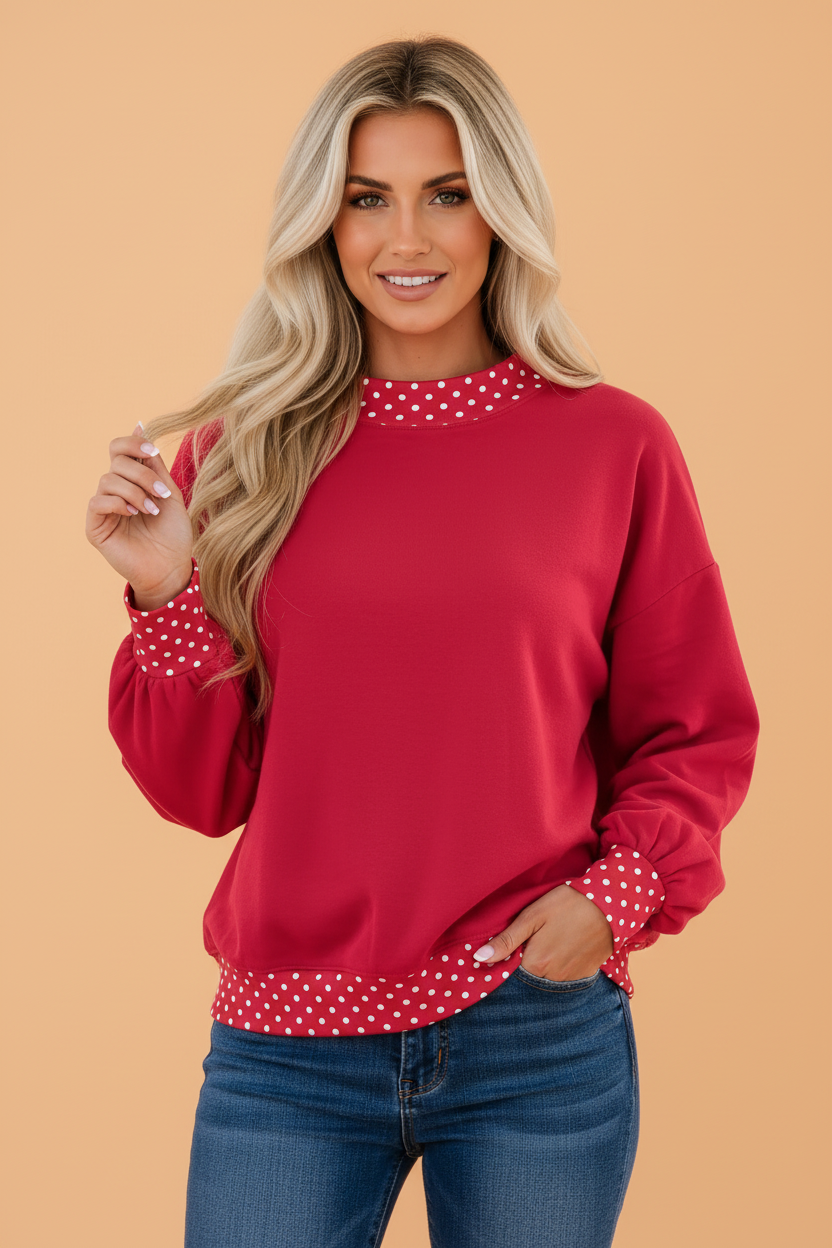 PRETTY BASH Polka Dot Contrast Trim Mock Neck Sweatshirt